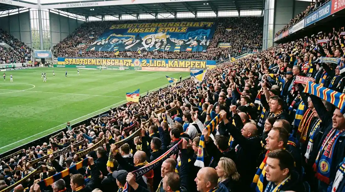Volle tribunes bij een 2. Bundesliga-wedstrijd met sfeervolle supporters